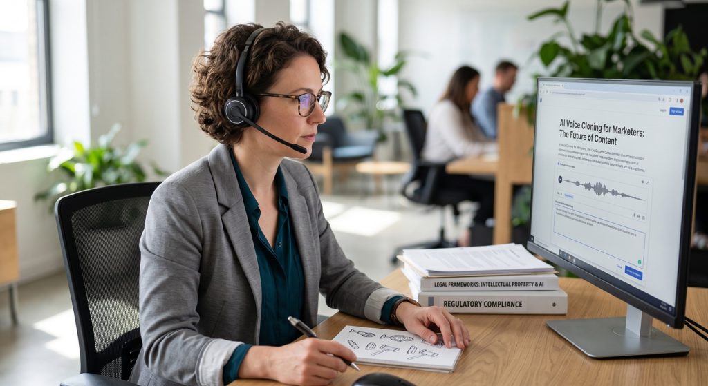A professional woman with curly brown hair, wearing glasses and a headset, sits at a wooden desk in a modern open-plan office. She is looking intently at a computer screen which displays an interface for an "AI Voice Cloning for Marketers" tool. Her right hand holds a pen poised over a notepad with sketches. The desk also holds a stack of books with spines labeled "LEGAL FRAMEWORKS: INTELLECTUAL PROPERTY & AI" and "REGULATORY COMPLIANCE". The background is blurred, showing two other people working at distant desks and green plants.