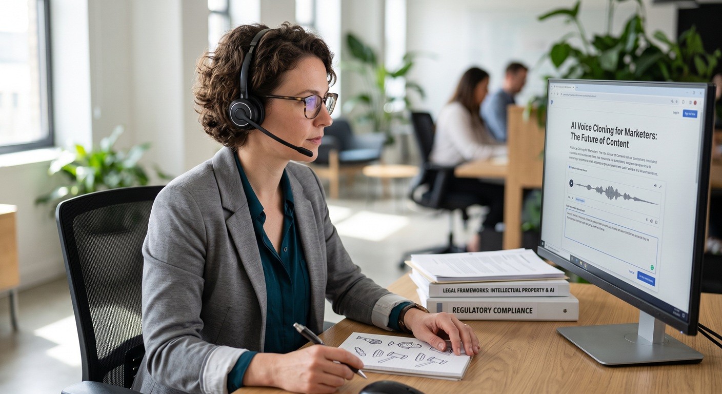 A professional woman with curly brown hair, wearing glasses and a headset, sits at a wooden desk in a modern open-plan office. She is looking intently at a computer screen which displays an interface for an "AI Voice Cloning for Marketers" tool. Her right hand holds a pen poised over a notepad with sketches. The desk also holds a stack of books with spines labeled "LEGAL FRAMEWORKS: INTELLECTUAL PROPERTY & AI" and "REGULATORY COMPLIANCE". The background is blurred, showing two other people working at distant desks and green plants.