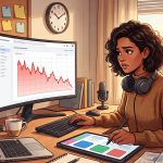 An illustration of a concerned blogger sitting at a desk workspace, looking at a large computer monitor that displays a downward-trending red line graph representing a drop in website search traffic.