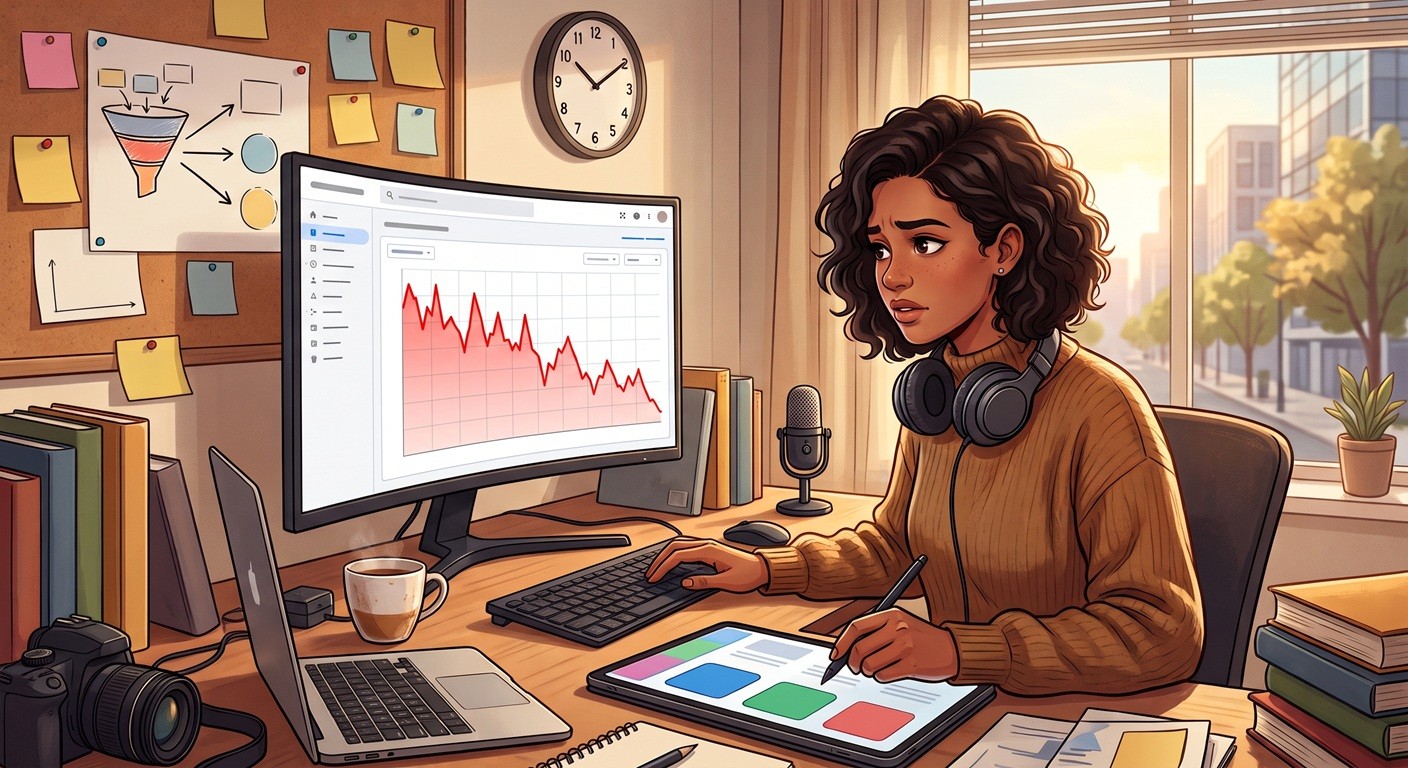 An illustration of a concerned blogger sitting at a desk workspace, looking at a large computer monitor that displays a downward-trending red line graph representing a drop in website search traffic.