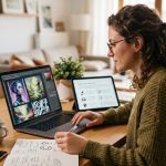 A female blogger sitting at a wooden desk, looking thoughtfully at a laptop screen displaying a grid of colorful AI-generated images, with an open notebook showing a question mark doodle in the foreground.