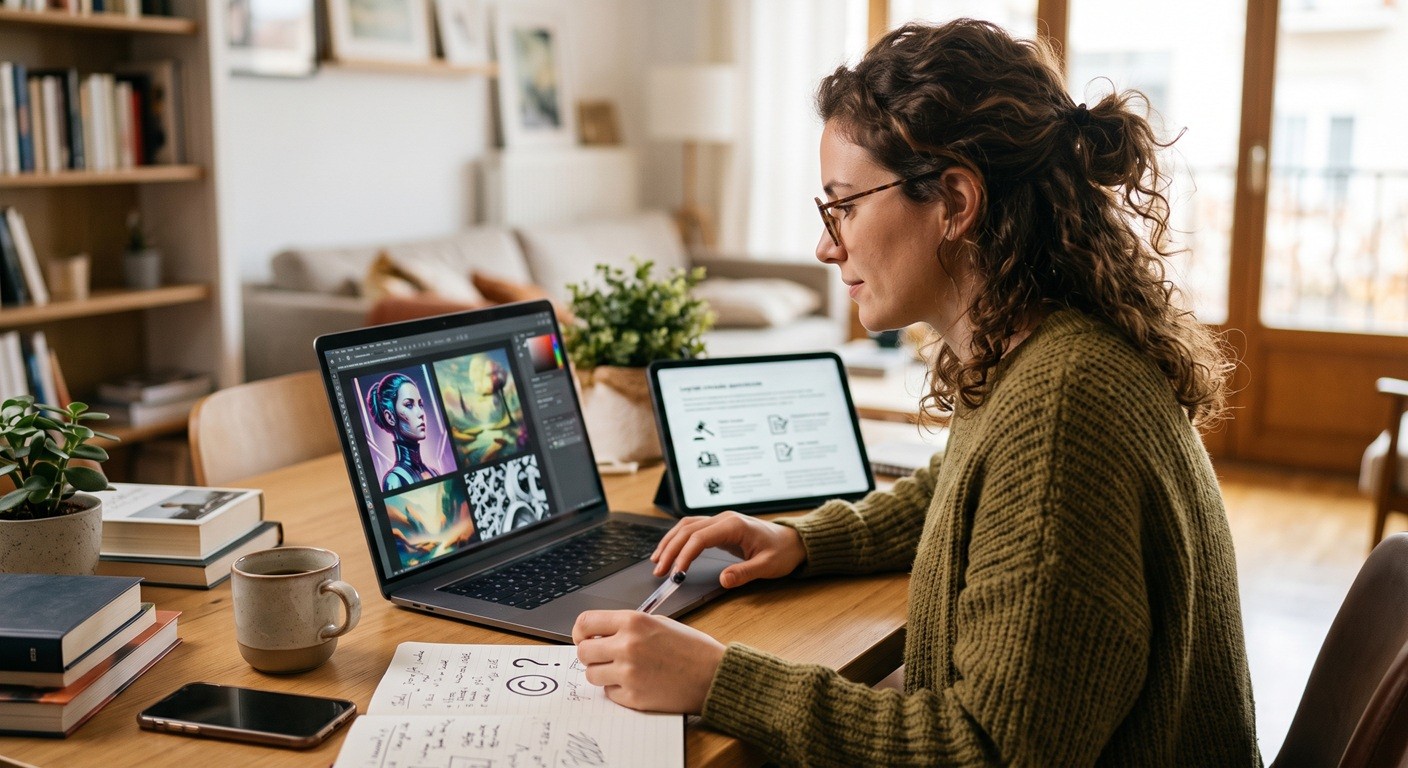 A female blogger sitting at a wooden desk, looking thoughtfully at a laptop screen displaying a grid of colorful AI-generated images, with an open notebook showing a question mark doodle in the foreground.