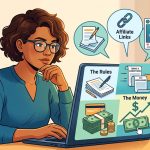 An illustration of a woman in a home office working on a laptop, which displays three panels titled 'The Rules' with documents, 'The Money' with cash and a '"'"Rules' with ring graph, and 'The Parts People Skip' in Tag' with an "I AGREE' inrrend document under a magnifying glass.