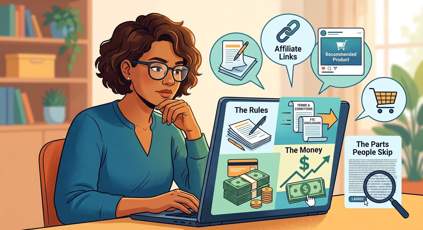 An illustration of a woman in a home office working on a laptop, which displays three panels titled 'The Rules' with documents, 'The Money' with cash and a '"'"Rules' with ring graph, and 'The Parts People Skip' in Tag' with an "I AGREE' inrrend document under a magnifying glass.